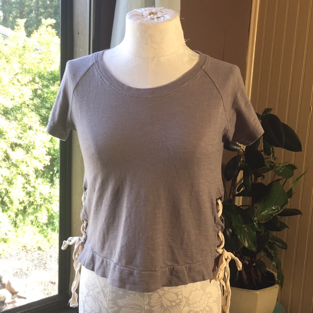 Bleuh ciel grey top cream laces up sides size small